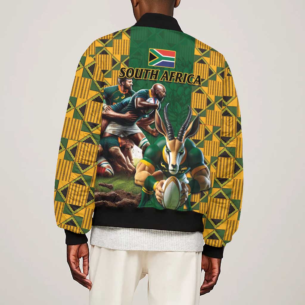 South Africa Rugby Bomber Jacket - Springbok Mascot, Players Fighting for Victory