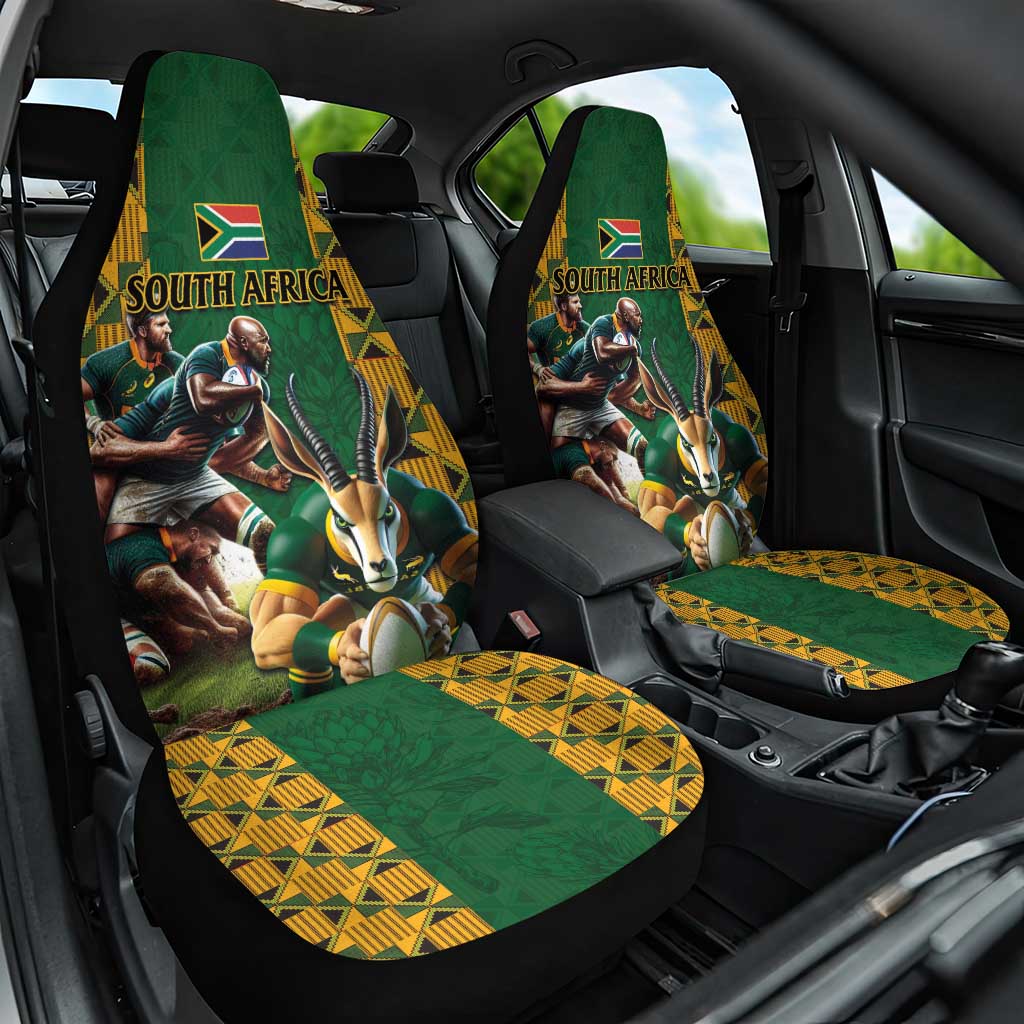 South Africa Rugby Car Seat Cover - Springbok Mascot, Players Fighting for Victory