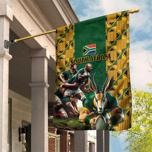 South Africa Rugby Garden Flag - Springbok Mascot, Players Fighting for Victory