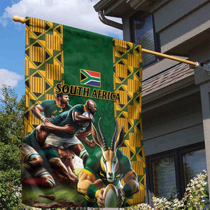 South Africa Rugby Garden Flag - Springbok Mascot, Players Fighting for Victory