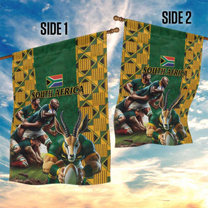 South Africa Rugby Garden Flag - Springbok Mascot, Players Fighting for Victory