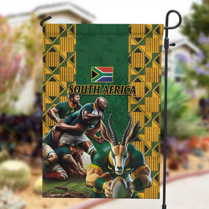 South Africa Rugby Garden Flag - Springbok Mascot, Players Fighting for Victory