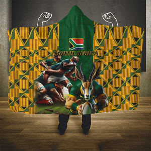 South Africa Rugby Hooded Blanket - Springbok Mascot, Players Fighting for Victory