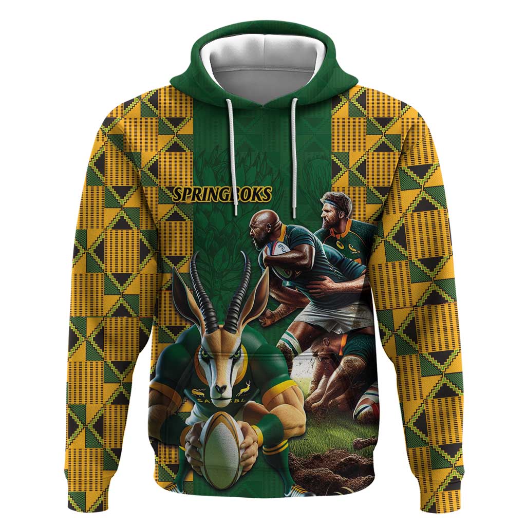 South Africa Rugby Hoodie - Springbok Mascot, Players Fighting for Victory