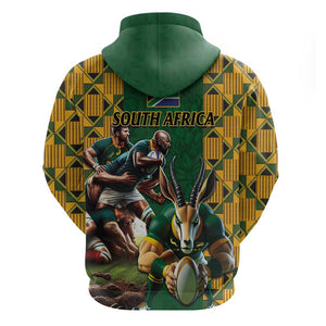 South Africa Rugby Hoodie - Springbok Mascot, Players Fighting for Victory