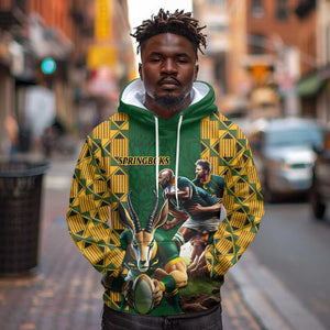 South Africa Rugby Hoodie - Springbok Mascot, Players Fighting for Victory