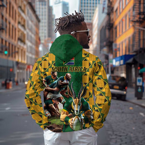 South Africa Rugby Hoodie - Springbok Mascot, Players Fighting for Victory