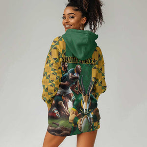 South Africa Rugby Hoodie Dress - Springbok Mascot, Players Fighting for Victory