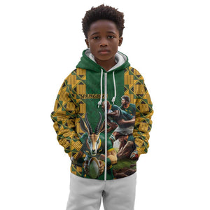 South Africa Rugby Kid Hoodie - Springbok Mascot, Players Fighting for Victory