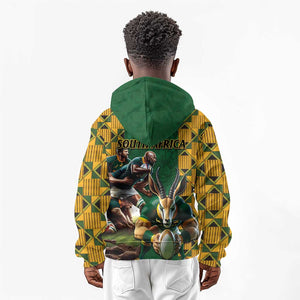 South Africa Rugby Kid Hoodie - Springbok Mascot, Players Fighting for Victory