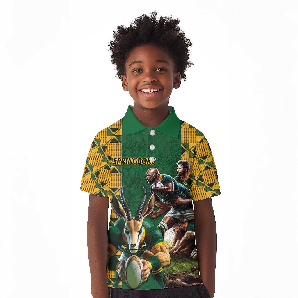 South Africa Rugby Kid Polo Shirt - Springbok Mascot, Players Fighting for Victory