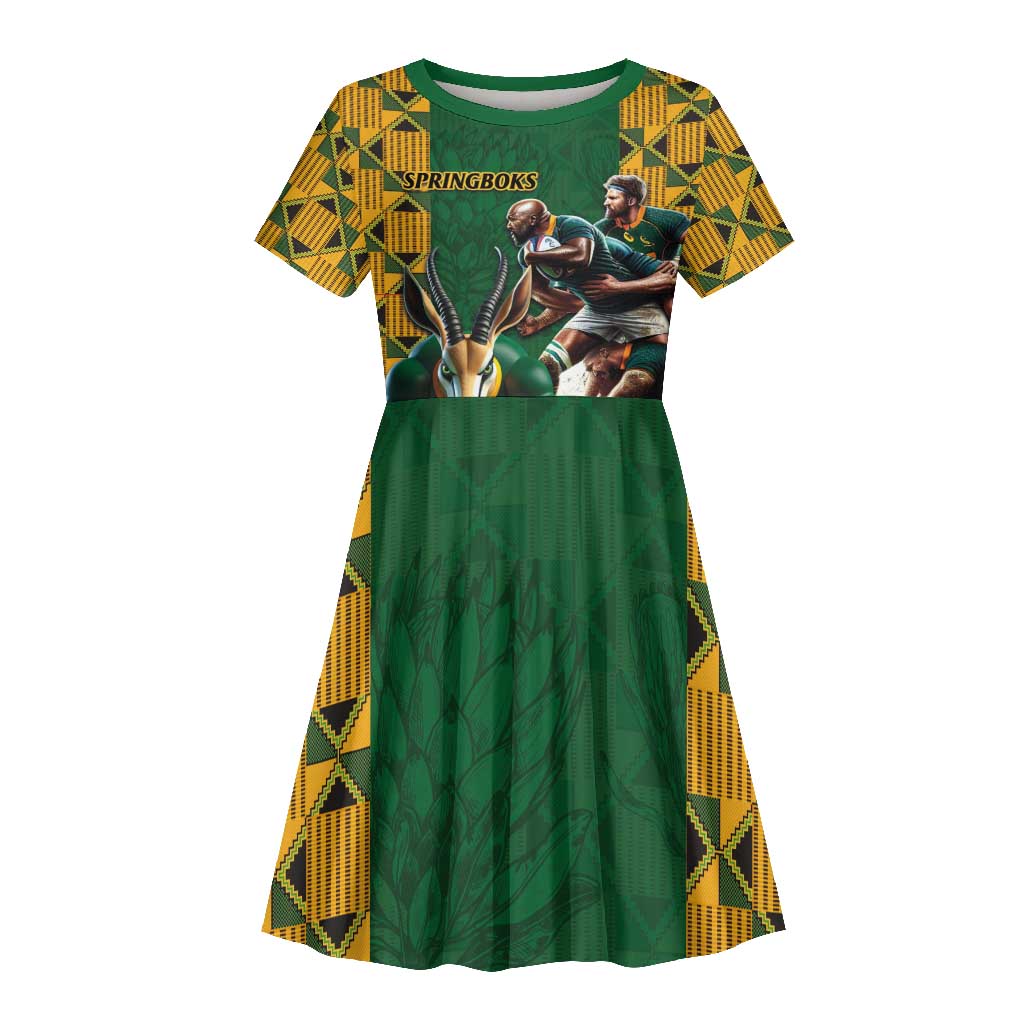 South Africa Rugby Kid Short Sleeve Dress - Springbok Mascot, Players Fighting for Victory