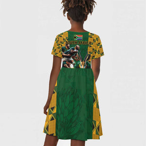 South Africa Rugby Kid Short Sleeve Dress - Springbok Mascot, Players Fighting for Victory