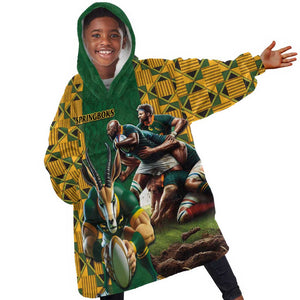 South Africa Rugby KId Wearable Blanket Hoodie - Springbok Mascot, Players Fighting for Victory