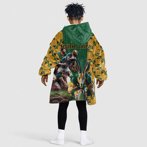 South Africa Rugby KId Wearable Blanket Hoodie - Springbok Mascot, Players Fighting for Victory