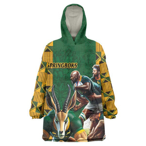 South Africa Rugby KId Wearable Blanket Hoodie - Springbok Mascot, Players Fighting for Victory