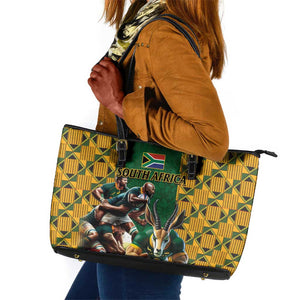 South Africa Rugby Leather Tote Bag - Springbok Mascot, Players Fighting for Victory