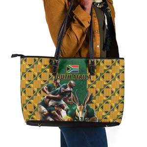 South Africa Rugby Leather Tote Bag - Springbok Mascot, Players Fighting for Victory