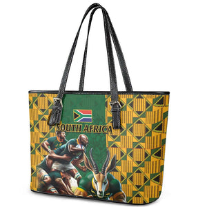 South Africa Rugby Leather Tote Bag - Springbok Mascot, Players Fighting for Victory