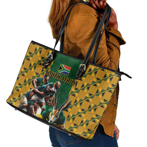 South Africa Rugby Leather Tote Bag - Springbok Mascot, Players Fighting for Victory