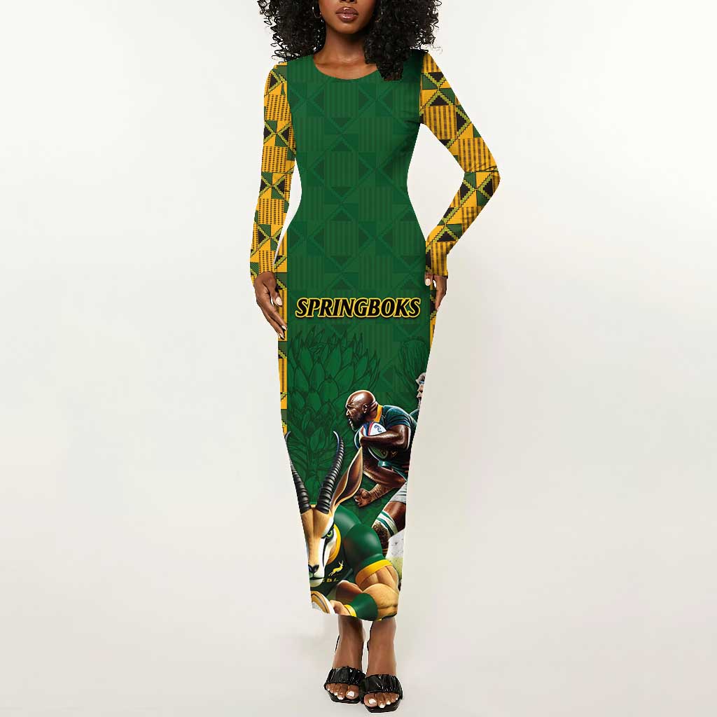 South Africa Rugby Long Sleeve Bodycon Dress - Springbok Mascot, Players Fighting for Victory