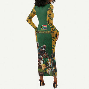 South Africa Rugby Long Sleeve Bodycon Dress - Springbok Mascot, Players Fighting for Victory