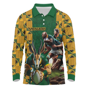 South Africa Rugby Long Sleeve Polo Shirt - Springbok Mascot, Players Fighting for Victory