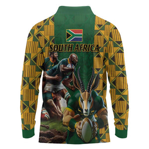 South Africa Rugby Long Sleeve Polo Shirt - Springbok Mascot, Players Fighting for Victory