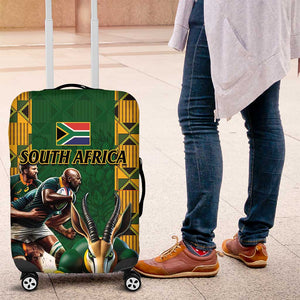 South Africa Rugby Luggage Cover - Springbok Mascot, Players Fighting for Victory