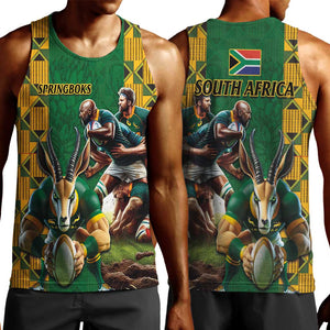 South Africa Rugby Men Tank Top - Springbok Mascot, Players Fighting for Victory