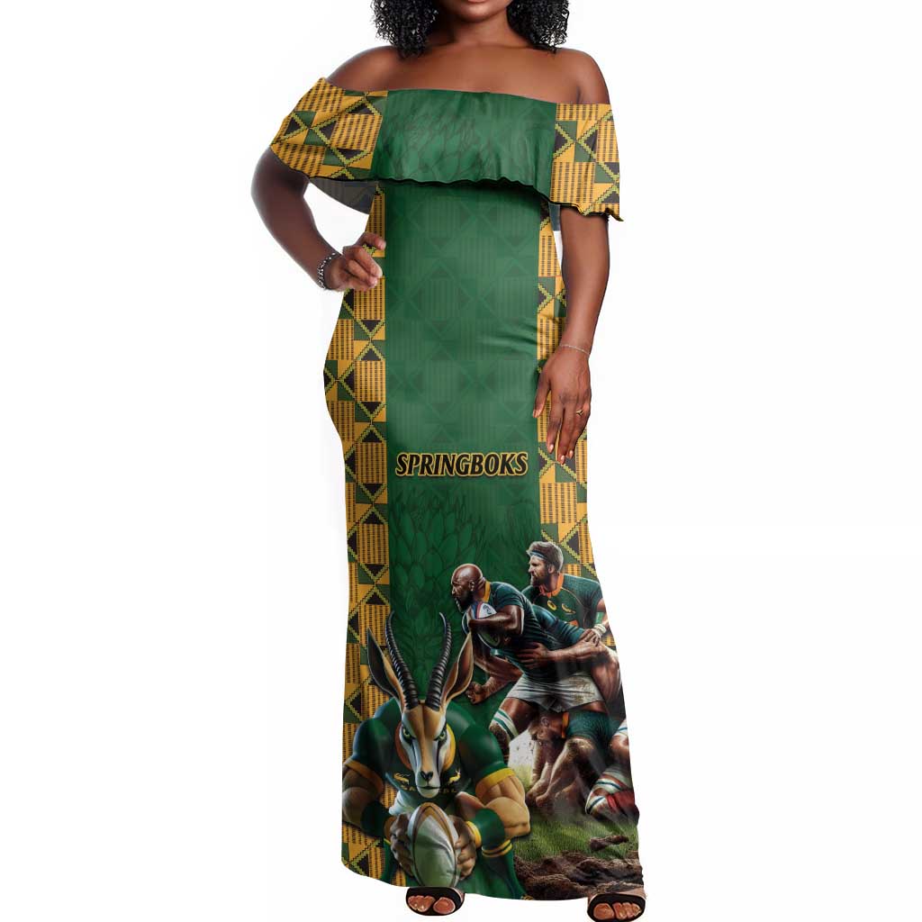 South Africa Rugby Off Shoulder Maxi Dress - Springbok Mascot, Players Fighting for Victory