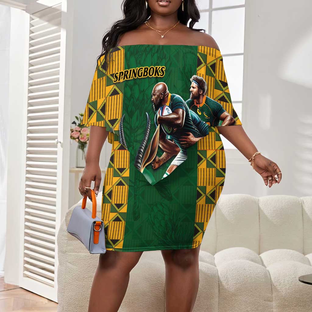 South Africa Rugby Off Shoulder Short Dress - Springbok Mascot, Players Fighting for Victory