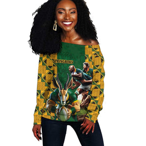 South Africa Rugby Off Shoulder Sweater - Springbok Mascot, Players Fighting for Victory