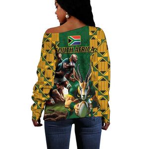 South Africa Rugby Off Shoulder Sweater - Springbok Mascot, Players Fighting for Victory