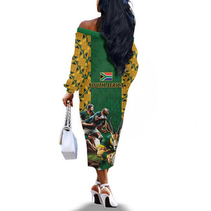 South Africa Rugby Off The Shoulder Long Sleeve Dress - Springbok Mascot, Players Fighting for Victory