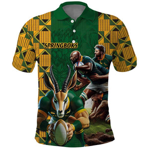 South Africa Rugby Polo Shirt - Springbok Mascot, Players Fighting for Victory