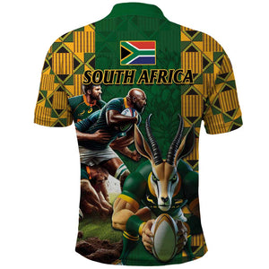 South Africa Rugby Polo Shirt - Springbok Mascot, Players Fighting for Victory