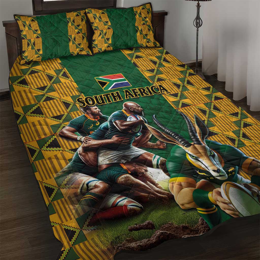 South Africa Rugby Quilt Bed Set - Springbok Mascot, Players Fighting for Victory