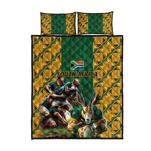 South Africa Rugby Quilt Bed Set - Springbok Mascot, Players Fighting for Victory