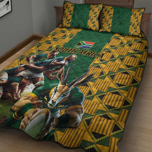 South Africa Rugby Quilt Bed Set - Springbok Mascot, Players Fighting for Victory