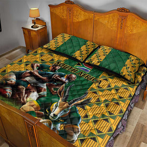 South Africa Rugby Quilt Bed Set - Springbok Mascot, Players Fighting for Victory