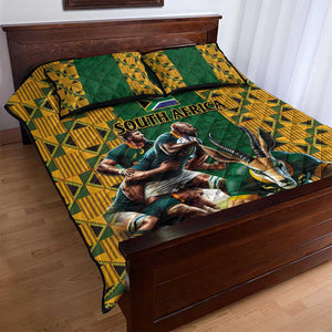 South Africa Rugby Quilt Bed Set - Springbok Mascot, Players Fighting for Victory