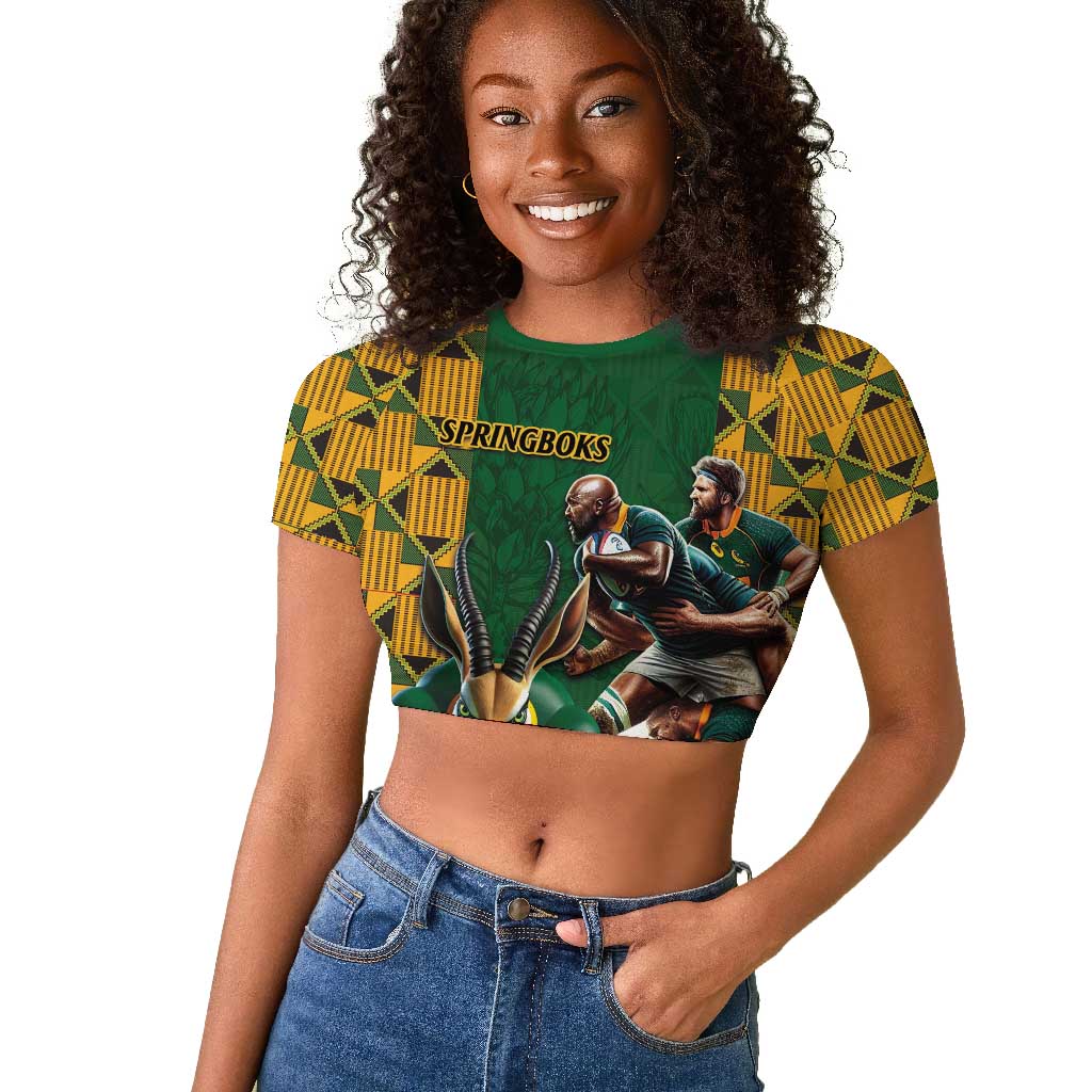 South Africa Rugby Raglan Cropped T shirt - Springbok Mascot, Players Fighting for Victory