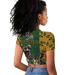 South Africa Rugby Raglan Cropped T shirt - Springbok Mascot, Players Fighting for Victory