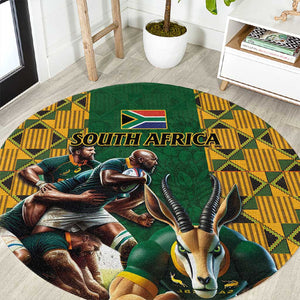 South Africa Rugby Round Carpet - Springbok Mascot, Players Fighting for Victory