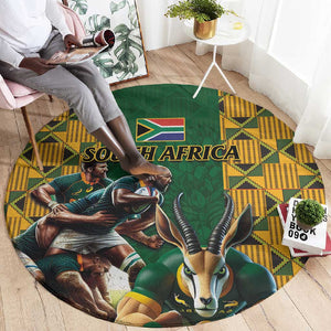 South Africa Rugby Round Carpet - Springbok Mascot, Players Fighting for Victory