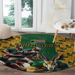 South Africa Rugby Round Carpet - Springbok Mascot, Players Fighting for Victory