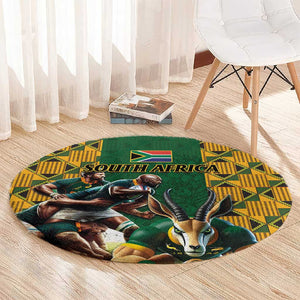 South Africa Rugby Round Carpet - Springbok Mascot, Players Fighting for Victory