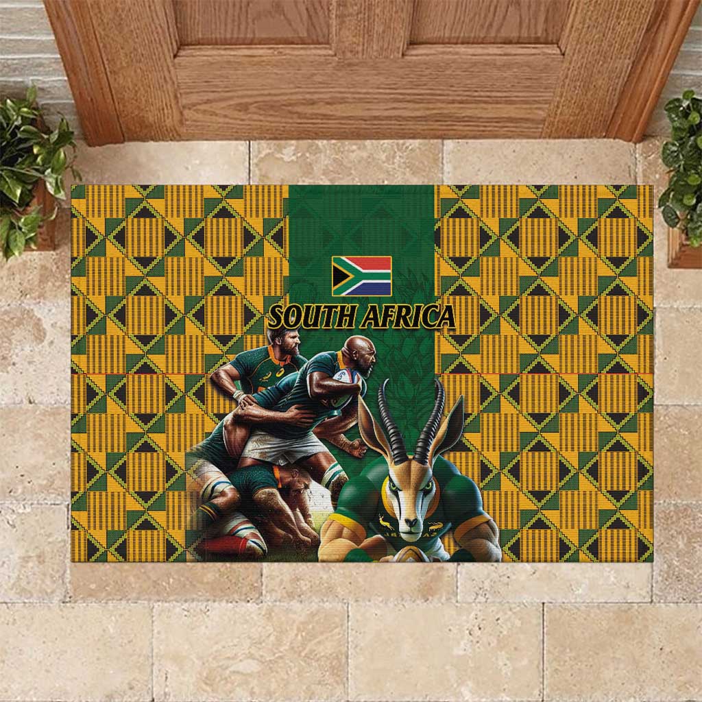 South Africa Rugby Rubber Doormat - Springbok Mascot, Players Fighting for Victory