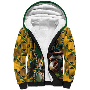 South Africa Rugby Sherpa Hoodie - Springbok Mascot, Players Fighting for Victory